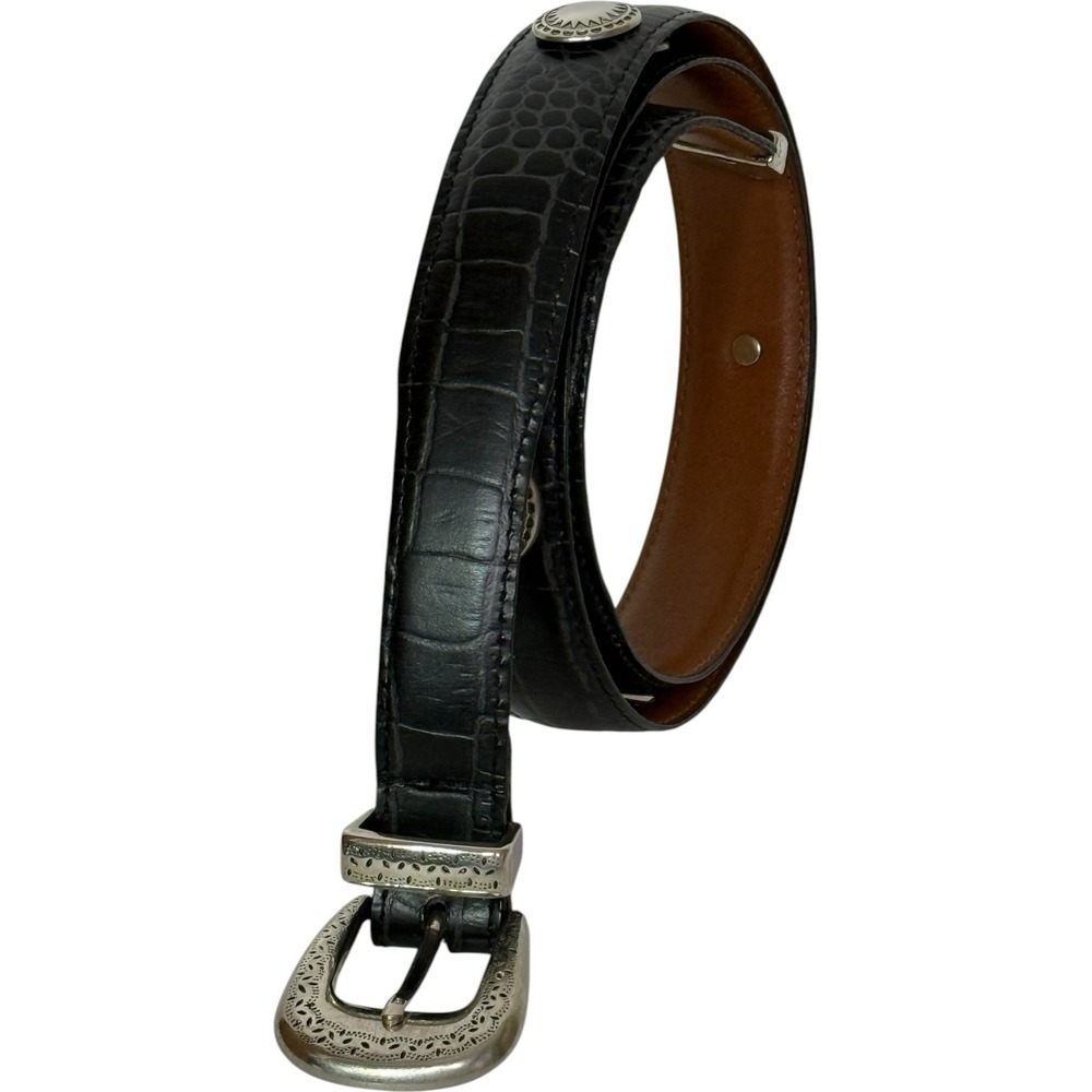 Mens 38 Black Alligator Grained Leather Belt Silver Tone Metal Accents USA
